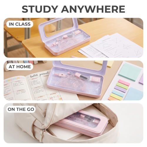 7Pcs Pink Compass Protractor Set with Portable Box Geometry Drafting Tools Set Multi-Purpose Math Drawing Rulers for Boy Girl Drafting Tools and Drafting Kits
