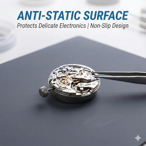 Non-Slip Watch Repair Mat with Parts Organizer - Anti-Static Rubber Work Pad for Jewelers & Watchmakers - Gray Maintenance Platform Table Mat with Screw Compartments (13.8" x 9.8")