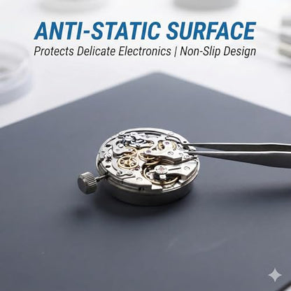 Non-Slip Watch Repair Mat with Parts Organizer - Anti-Static Rubber Work Pad for Jewelers & Watchmakers - Gray Maintenance Platform Table Mat with Screw Compartments (13.8" x 9.8")