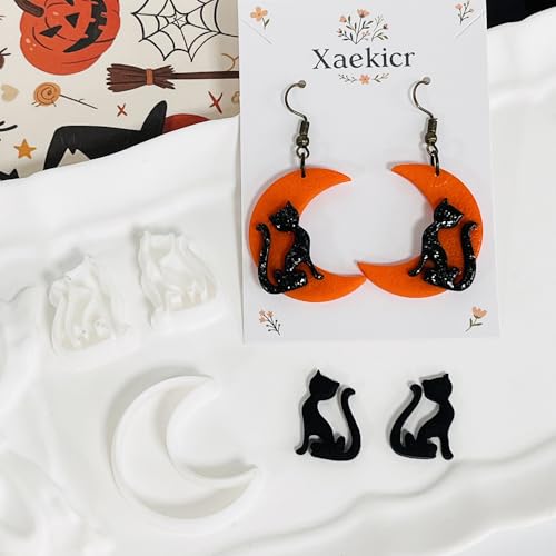 Xaekicr Halloween Moon and Cat Polymer Clay Cutters Set – 3Pcs Clay Earring Cutters for Halloween Earrings Making – Polymer Clay Molds and Tools for Jewelry DIY - color: G color