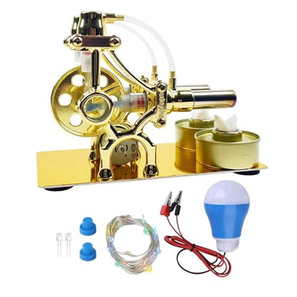 MagicTech Hot Air Stirling Engine Double Cylinder Electricity Power Metal Physics Assembly Model Golden JY43 - size: 6.29 x 3.43 x 4.72 Inch