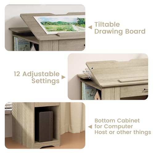 Drafting Table with Storage Cabinet & Drawers, Adjustable Drawing Table with Open Shelves, Craft Art Desk for Artists, Painters, Drawing, Crafting, Reading, Writing, Working (Grey) - color: Grey