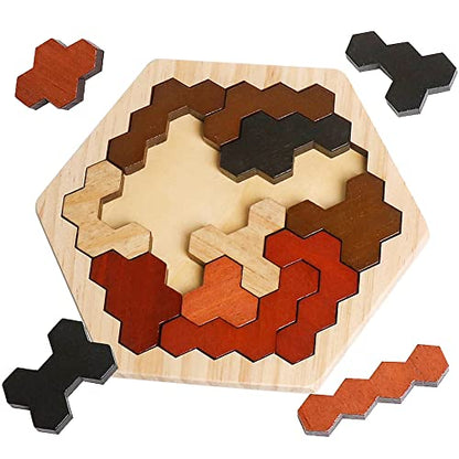 Wooden Hexagon Montessori Tangram Puzzle, STEM Brain Teaser for All Ages