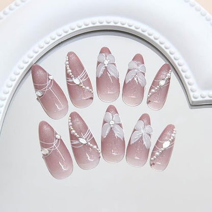 24Pcs Pink Cat Eye Press on Nails Almond Medium Length Fake Nails with Butterfly Designs Rhinestone Nail Press Ons 3D Gradient False Nails Glossy Full Cover Acrylic Glue Stick on Nail for Women - color: Style19