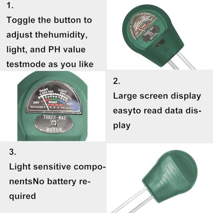 Soil Tester, 3-in-1 Multifunctional Tester. Moisture, Light, Soil Ph Value Detection, Suitable for Lawns, Gardens, Farms, Promote Plants Healthy Growth