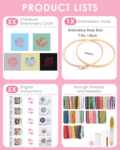 TINDTOP 5 Sets Embroidery Kit for Adults, Floral Embroidery Practice Kit for Beginners Include Embroidery Cloth Hoops Threads for Craft Lover Hand Stitch - color: Floral Set A