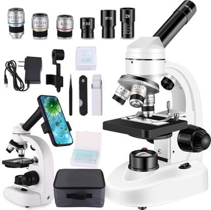 Compound MicroscopeWF10x and WF25x Eyepieces, Slides for Students, Home School Lab Microscope for Adults Suitable for Laboratory School (Bright White)