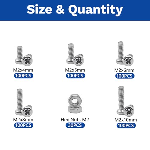 530Pcs 304 Stainless Steel Metric Micro Screws Nuts Assortment, M2x4/5/6/8/10mm Sizes, Phillips Pan Head, Fully Threaded Kit for Arduino, RC Models, Electronics, DIY Projects - size: M2x4/5/6/8/10- 530 Pcs