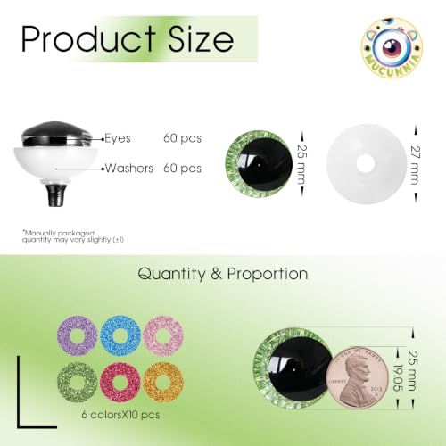 MUCUNNIA 120pcs 25mm 3D Sparkle Moon Safety Eyes for Amigurumi with Washers - size: 25mm