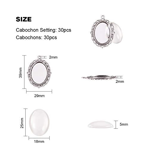 PH PandaHall 60pcs Bezel Pendant Blanks Settings - 30pcs Oval Pendant Trays Photo Charms with 30pcs Glass Cabochons for Wedding Brides Bridal Bouquet Charm Necklace Jewelry Making, 25x18mm - size: Tray: 25x18mm