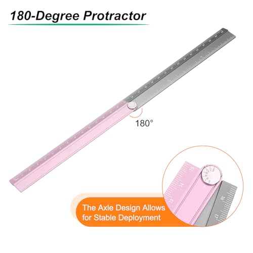 HARFINGTON Folding Straight Ruler 30cm Metric Aluminum Alloy Protractor Foldable Angle Ruler Geometric Measuring Tool with Angle Line for Architects Artists Office, Pink Silver Tone - color: Pink/Silver Tone