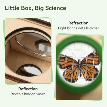Wooden Bug Catcher for Kids, Tri-View Bug Viewer Kit, Top & Bottom Magnifiers, Insect Observation Container with Tweezers, Ruler & 10 Insect Cards, STEM Outdoor Explorer Toy