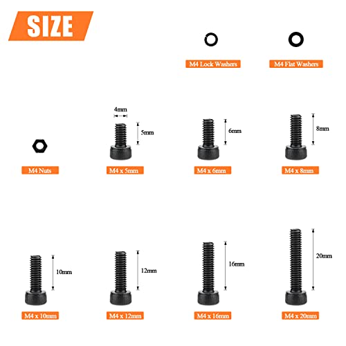 HELIFOUNER 380 Pieces M4 x 5mm /6mm /8mm /10mm /12mm /16mm /20mm, Hex Socket Head Cap Screws Bolts Washers Nuts Kit, 12.9 Grade Alloy Steel, Full Threaded, Black - size: M4, style: Socket Head