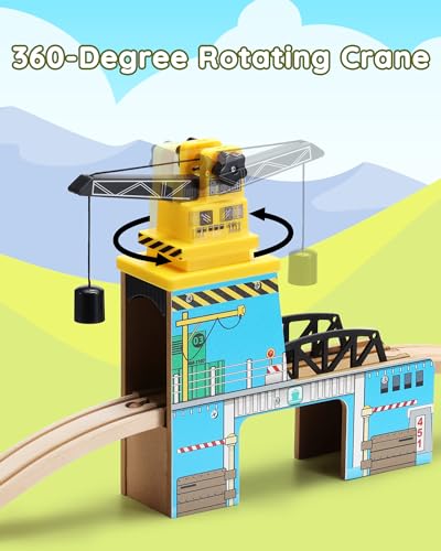SainSmart Jr. Wooden Train Set Accessories, Magnetic Rotary Crane Set with Track for Kids Compatible with Thomas, Brio, Chuggington, Melissa and Doug - style: Rotary Crane