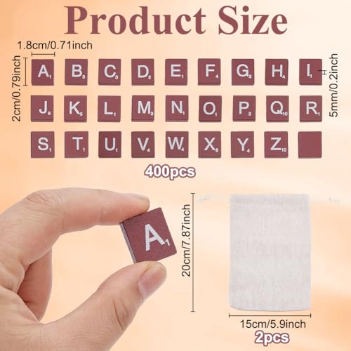 INFUNLY 400 Pcs Wooden Letter Tiles Red Scrabble Tiles with 2 Pouchs A-Z Capital Letters for Making Alphabet Coasters Letter Replacement Pieces for Spelling Scrapbooking Crossword Domino Crafts