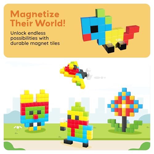 PicassoTiles 60pc Magnetic Puzzle Cube Building Set 1 Inch 3D Blocks STEM Construction Toy for Toddlers Kids Boys Girls Age 3+ Montessori Learning Travel Sensory Gift with Educational Idea Book PMC60 - style: 60 Pieces 1"