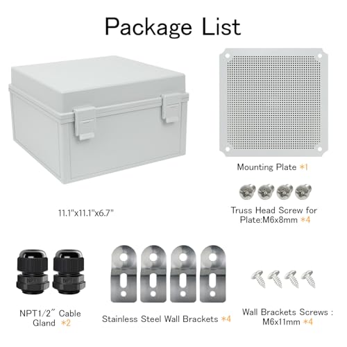 Junction Box IP65 Waterproof Electrical Box Outdoor ABS Plastic Project Box Hinged Shell Universal Enclosure Box with Mounting Plate, Wall Brackets, Cable Glands 11.8" x 11.8" x 7.1" - color: Grey, size: 11.8" x 11.8" x 7.1"