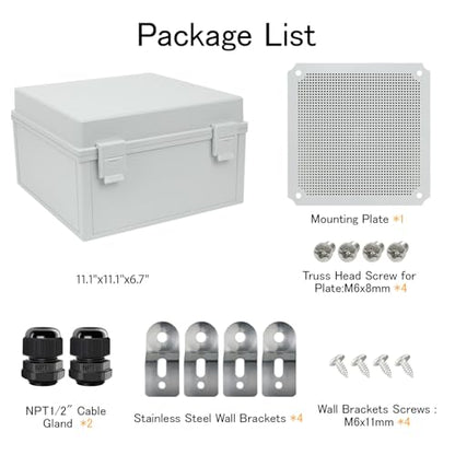 Junction Box IP65 Waterproof Electrical Box Outdoor ABS Plastic Project Box Hinged Shell Universal Enclosure Box with Mounting Plate, Wall Brackets, Cable Glands 11.8" x 11.8" x 7.1" - color: Grey, size: 11.8" x 11.8" x 7.1"