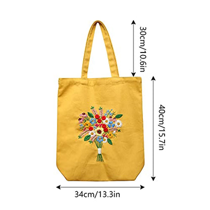MAMUNU Canvas Tote Bag Embroidery Kit with Pattern for Beginners, Arts and DIY Crafts Kits for Adults, Include Instructions Embroidery Bag, Embroidery Hoops, Color Threads and Tool (Yellow) - color: Yellow