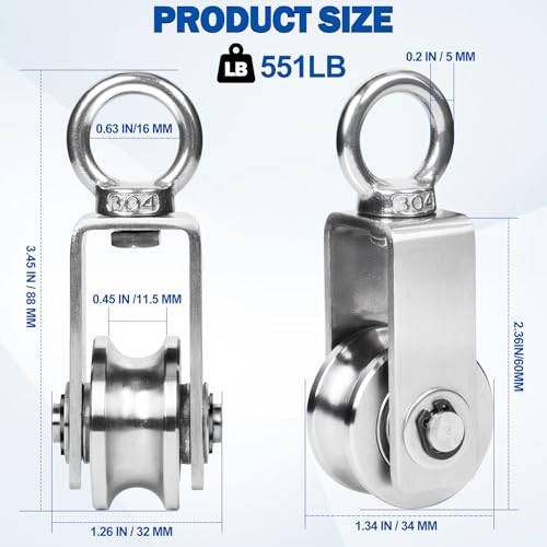 Cable Pulley Wheel Stainless Steel, 8 Pack M34 Single Pulley Snatch Block, Heavy Duty Lifting Crane Swivel Hook, Bearing Inside Rope Pulleys for Lifting System Gym Equipment Clothesline, 551 lbs Load - size: M34 - 8 Pack