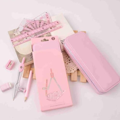 8Pcs Geometry Drawing Kit Multifunctional Easy to Use Math Tools with Compass, Protractor and Rulers in Metal Storage Box(Pink) - color: Pink