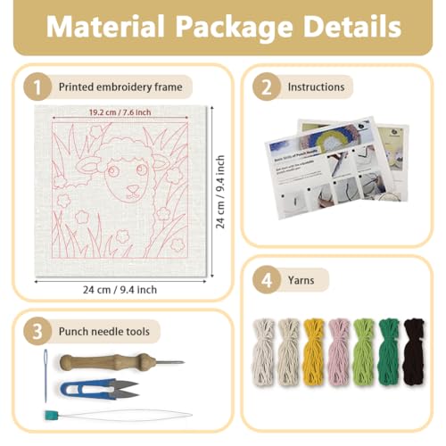 DOODLREAM Lamb Grass DIY Punch Needle Embroidery Kit for Adult Beginner, 9.4" Sheep Flowers Animal Punch Stitching Craft Set for Starter with Frame, Fabric Pattern, Threader, Yarn, Pinch Needle - color: Lamb