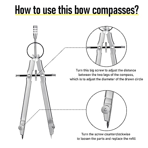 EBOOT Math Geometry Set Metal Compass 6" Clear Protractor, Silver - color: Silver