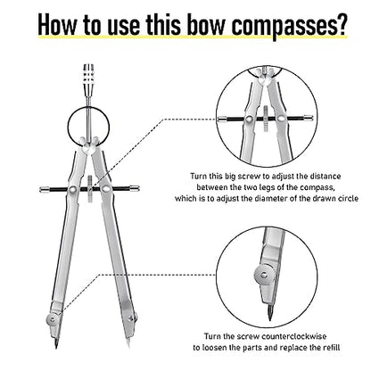 EBOOT Math Geometry Set Metal Compass 6" Clear Protractor, Silver - color: Silver