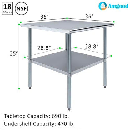 AmGood 36 in. x 36 in. Stainless Steel Work Table | Metal Kitchen Food Prep Table | NSF - size: 36 in. Long x 36 in. Deep without Wheels