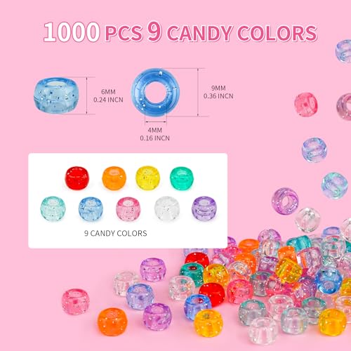 1000+pcs Glitter Pony Beads Bulk, Acrylic 9mm Large Plastic Bead for Bracelets Big Hole Hair Braids Crafts DIY Projects - color: Glitter