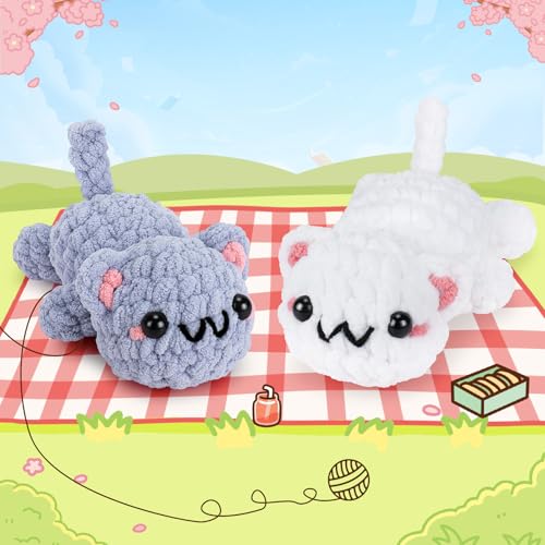 2PCS Kitty Crochet Kit for Beginners Cats Crochet Starter Kit for Adults - color: Gray White Cat