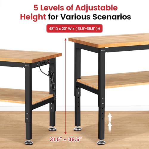 ENJOYWOOD 48" Heavy Duty Workbench, Adjustable Height Garage Work Bench with Solid Rubberwood Top, Storage Shelf & Power Outlets, Work Table for Workshop, Home & Office