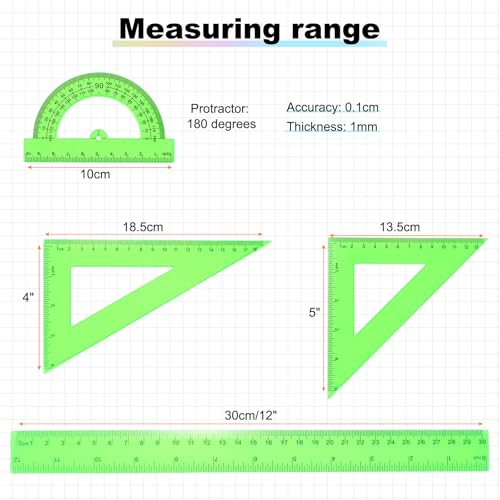 HARFINGTON 4pcs Triangular Ruler Set 30cm Plastic Metric Inch Geometric Protractor Triangle Engineering Scale Drafting Ruler Kit for Office Home, Green - color: Green, size: 30cm