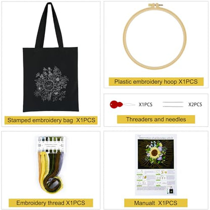 Canvas Tote Bag Embroidery Kit with Sunflower Pattern, Embroidery Kits for Beginners Adults, Arts and DIY Crafts Embroidery Starter kit, Include Stamped Embroidery Bag, Color Threads, Embroidery Tools - color: Black with Sunflower