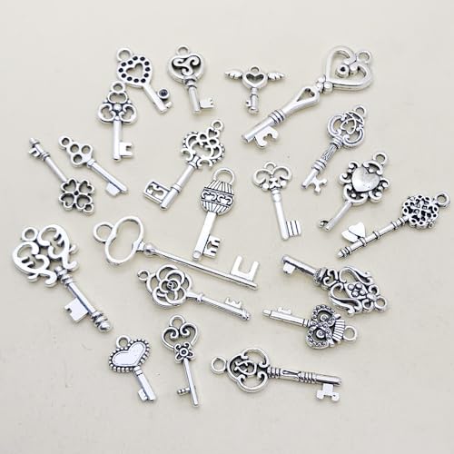 WOCRAFT 60pcs Antique Silver Small Key Charms Bracelet Charms for Jewelry Making Sets DIY Necklace Bracelet Keychain Crafting Charms Kit Craft Supplies (SN26) - color: Antique Silver, size: Small Key Charms