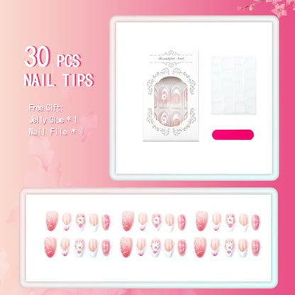 Pink Press on Nails Almond Short 3D Flowers Press on False Nails with Gold Charms Water Drop Stick on Nail for Women 30pcs - color: Color44
