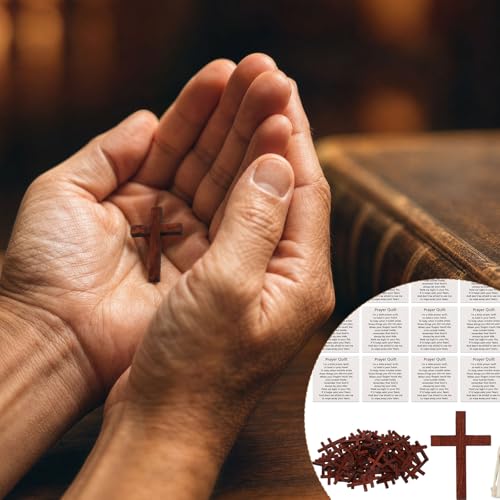50Pcs Pocket Prayer Quilt Labels Bulk with Mini Wooden Cross Baptism Favors