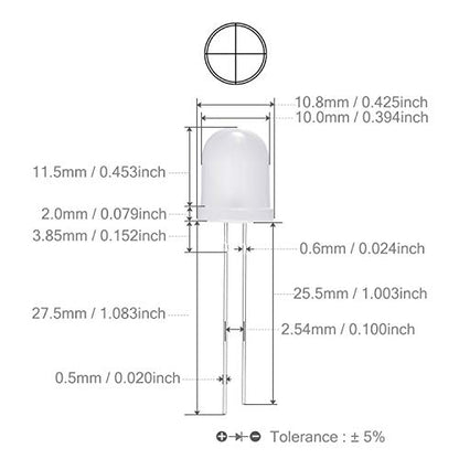 CHANZON 50 pcs 10mm Red Diffused LED Diode Lights (DC 2V 20mA) - color: B) White-red (50pcs)