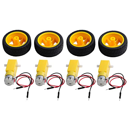 TT Motor with Leads DC 3-6V Gearbox Motor 1:48 200RPM Tire Wheel for Arduino Smart Car 2Pin Male Connector Wire (4, 4motor+4wheel) - size: 4motor+4wheel