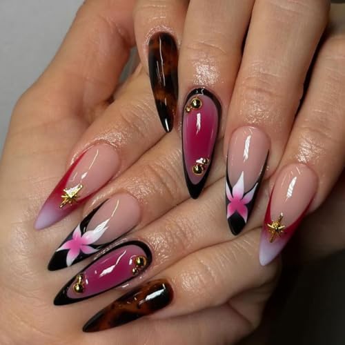 Long Press on Nails Almond, Acrylic Press on Nails with Flower Designs, Long Almond Nail Tips for Women 24pcs - color: Color32