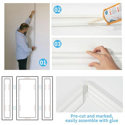 Art3d Premade Bilinear Frame Molding Set, Wainscoting Panels, 3 Whole Frame - color: Whole Bilinear Frame White
