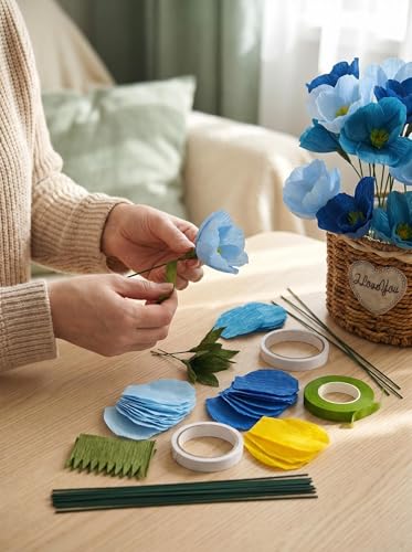 Blue Crepe Paper Poppy Flower DIY Making Kit 24 pcs Easy-to-Make Handcraft Supplies for Beginners & Artisans - color: Blues