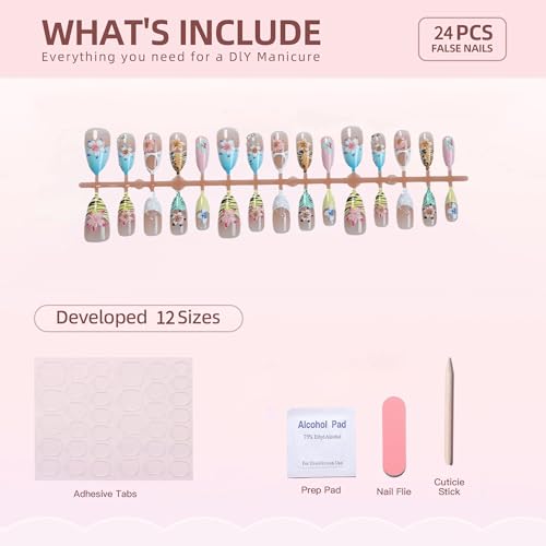 3D French Tips Fake Acrylic Nails Medium Press on Nails Almond Handmade Glue on Nails with Cute Flowers and Water Ripples Designs Press on False Nails Glossy Stick on Nail for Women 24pcs - color: Style11