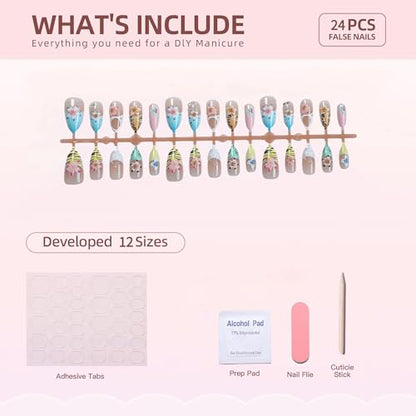 3D French Tips Fake Acrylic Nails Medium Press on Nails Almond Handmade Glue on Nails with Cute Flowers and Water Ripples Designs Press on False Nails Glossy Stick on Nail for Women 24pcs - color: Style11