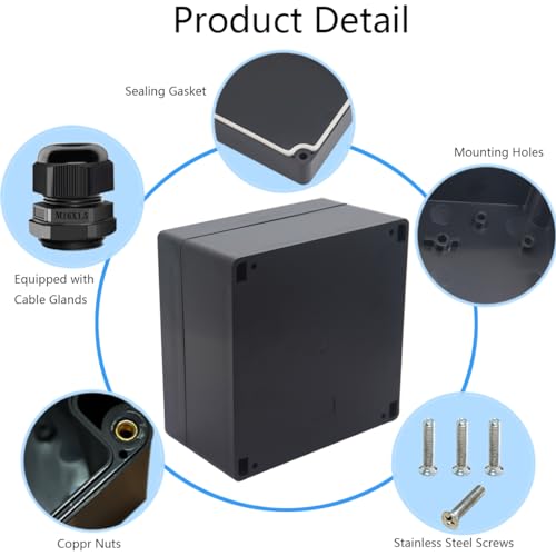 Junction Box IP65 Waterproof ABS Plastic Electrical Project Case Power Junction Boxes, Project Box with 4 PCS M16 Cable Glands 6.30x6.30x3.54 inch (160 x 160 x90 mm) - color: Black, size: 6.30"x6.30"x3.54"