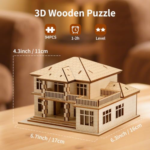 3D Wooden Puzzles for Adults, Villa Model Kit, DIY Building Puzzle - color: Original Wood Color-two Layers
