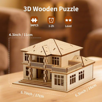 3D Wooden Puzzles for Adults, Villa Model Kit, DIY Building Puzzle - color: Original Wood Color-two Layers