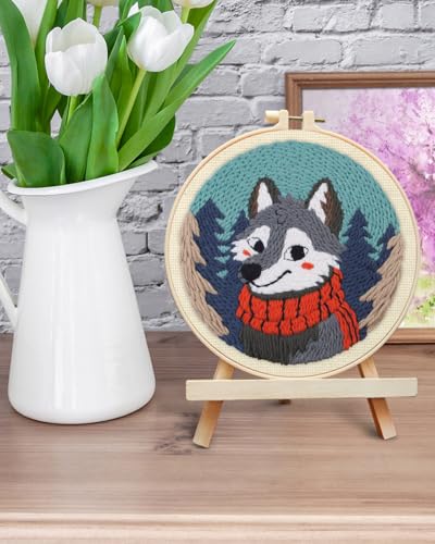 ERKOON Punch Needle Kit for Beginners Adults, DIY Easy Animal Embroidery Set for Starter Art Craft, Needling Punch Project with Patterns, Tools, Yarns, Hoop, Instruction (Wolf) - color: Wolf
