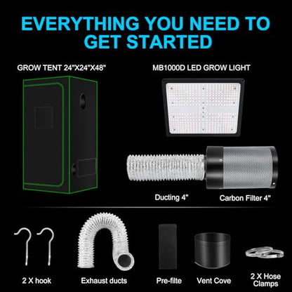 Grow Tent Complete System 2x2, Schedule Full Spectrum 100W LED Grow Light & Grow Tent Kit 24"x24"x48", 4" Adjustable Ventilation Kit, Noise-reducing Rubber Duct Connector - size: 24"x24"x48" + 100W