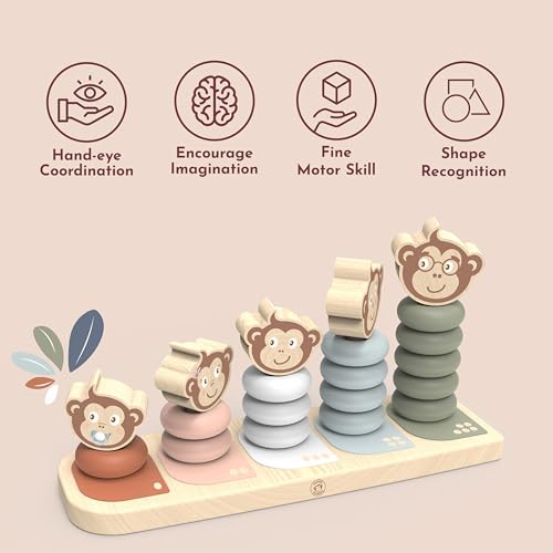 SPEEDY MONKEY Wooden Family Stacker | 5 Stackable Monkey Characters Playset - color: Monkey Family